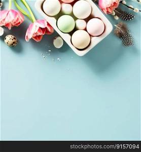 Banner. Easter background with spring flowers, eggs and feathers on light blue background top view flat lay copy space