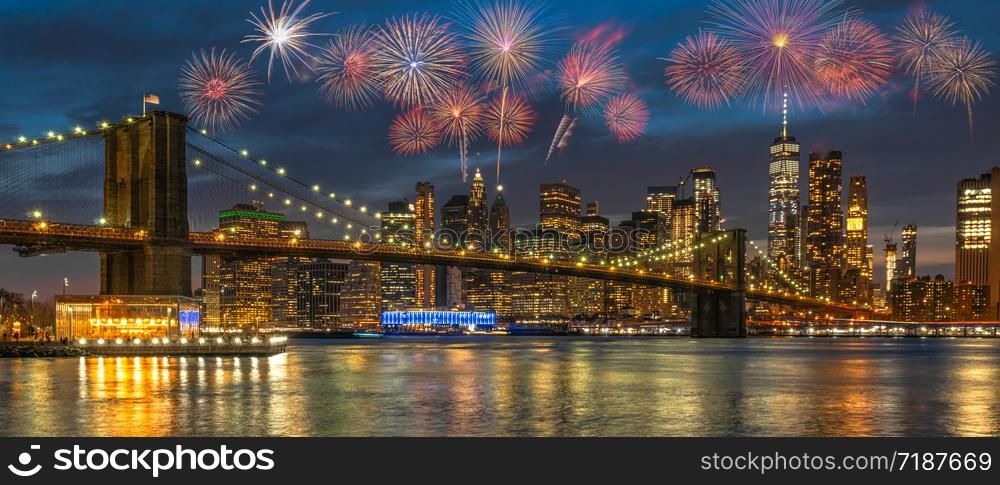 Banner Multicolor Firework Celebration over New york Cityscape with Brooklyn Bridge over the east river at the twilight time, USA downtown skyline, 4th of July and Independence day concept