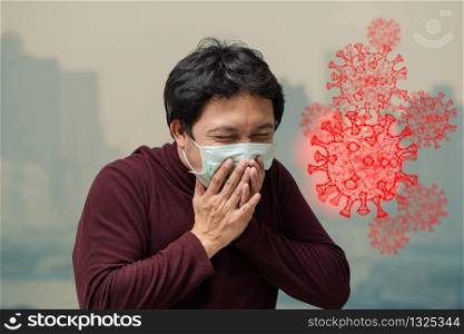 Banner of Asian man wearing the face mask against air pollution and Corona virus over the heavy PM 2.5 on bangkok cityscape background, healthcare and epidemic concept