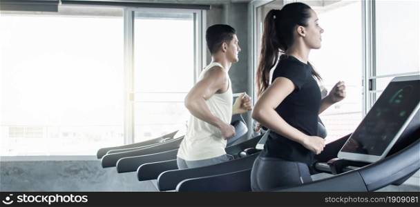 Banner of couple is doing exercise by running in fitness club. Sport and Healthy Concept.