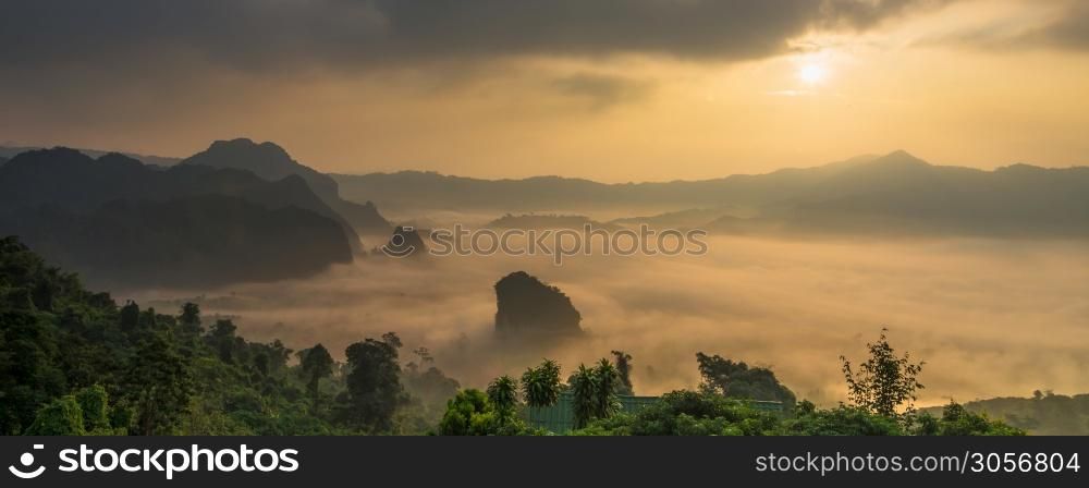 Banner of Fantastic Landscape of Misty Mountain over Phu Lanka mountain hills, Phayao province, north of Thailand.cover and banner concept