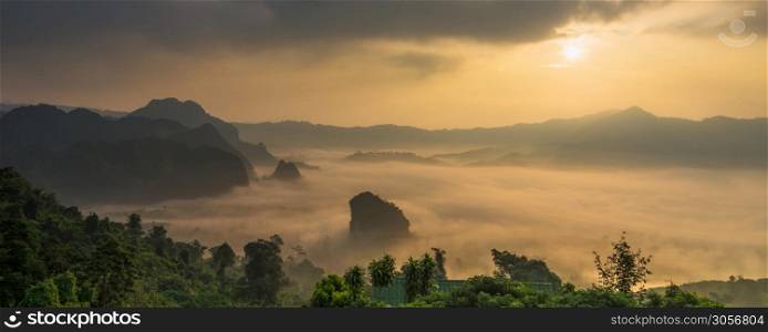 Banner of Fantastic Landscape of Misty Mountain over Phu Lanka mountain hills, Phayao province, north of Thailand.cover and banner concept