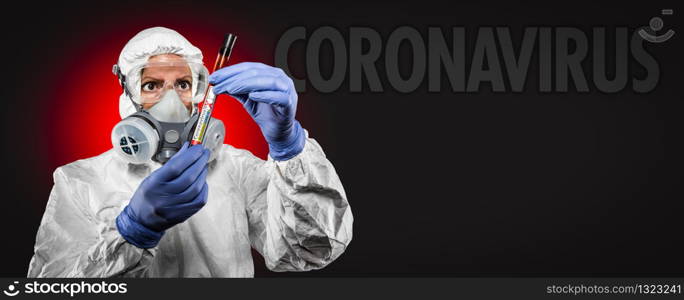 Banner of Female Doctor or Nurse In Medical Protective Gear Holding Positive Coronavirus Test Tube With Coronavirus Text Behind.