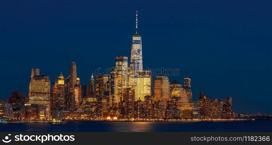 Banner of Lower Manhattan which is a apart of New york cityscape river side which can see One world trade center at twilight time, USA, Taking from New Jersey