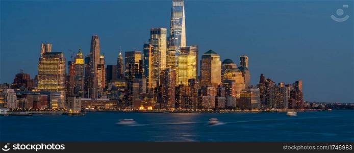 Banner of Lower Manhattan which is a apart of New york cityscape river side which can see One world trade center at twilight time, USA, Taking from New Jersey