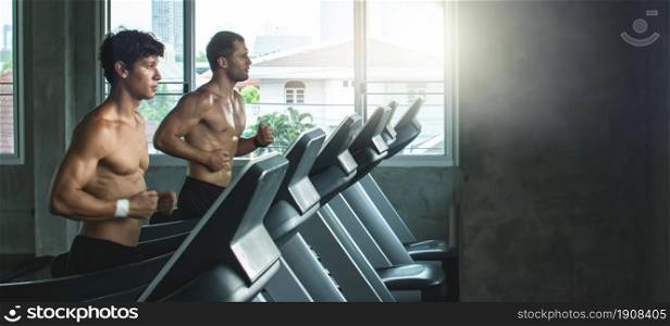 Banner of Muscular young caucasian men is doing exercise by running in gym. Healthy and Lifestyle concept.