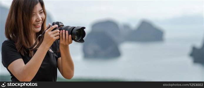 Banner of Portrait of photographer or the tourist over the Fantastic Landscape of samed nang chee view point at the sunrise time, Travel and holiday concept