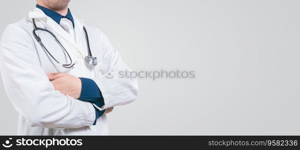 Banner of unrecognizable doctor with crossed arms with space for text. Crossed arms doctor medical banner