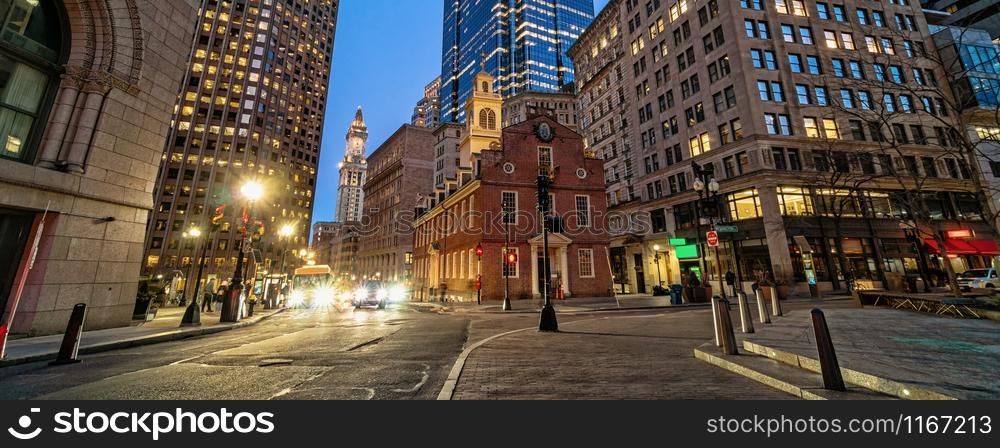 Banner or web page of Scene of Boston Old State House buiding at twilight time in Massachusetts USA, Architecture and building with tourist concept