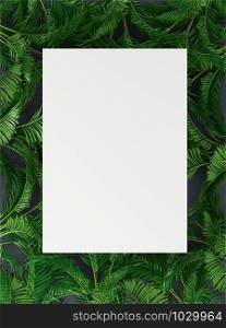 banner, poster with palm leaves, jungle leaf. tropical background 3d rendering