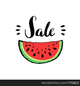 Banner template for sale with red juicy slice of tasty watermelon with seed. Design for market, shop