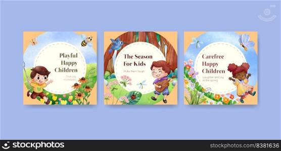 Banner template with children enjoy in spring,watercolor style 