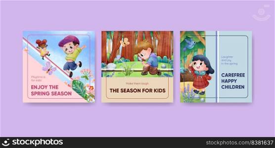Banner template with children enjoy in spring,watercolor style 
