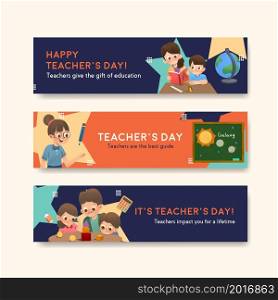 Banner template with teacher&rsquo;s day concept design for advertise and marketing watercolor vector illustration