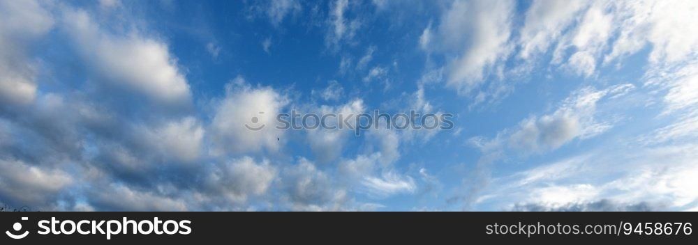 Banner Tropical summer blue sky fluffy white cloud summertime on light sunny day cloudscape. Panoramic Clear bright blue skyline spring sunlight climate background. Heaven blue ecology for web banner