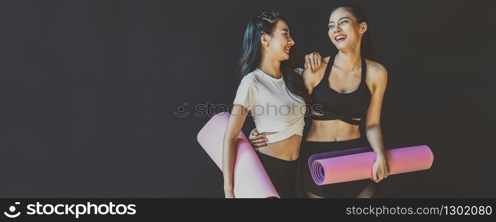 Banner, web page or cover template of Couple sporty asian woman standing and talking with happiness motion, wearing sportswear bra and pants fashion,sport club community, sports and healthcare concept