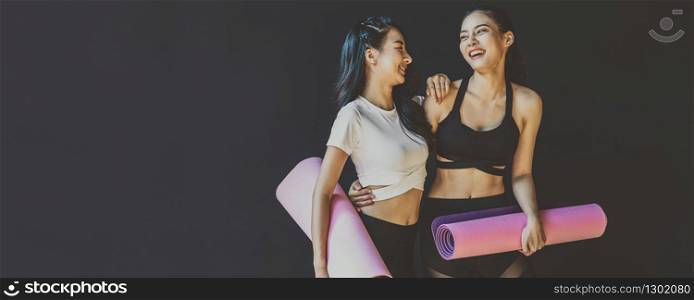 Banner, web page or cover template of Couple sporty asian woman standing and talking with happiness motion, wearing sportswear bra and pants fashion,sport club community, sports and healthcare concept