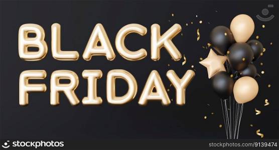 Banner with BLACK FRIDAY text and balloons. Golden foil balloons letters on black background. Special offer, good price, deal, shopping time. Black friday sale. Discount. 3d rendering. Banner with BLACK FRIDAY text and balloons. Golden foil balloons letters on black background. Special offer, good price, deal, shopping time. Black friday sale. Discount. 3d rendering.