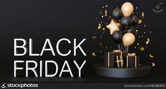 Banner with BLACK FRIDAY text, balloons and presents. White letters on black background. Special offer, good price, deal, shopping time. Black friday sale. Discount. 3d rendering. Banner with BLACK FRIDAY text, balloons and presents. White letters on black background. Special offer, good price, deal, shopping time. Black friday sale. Discount. 3d rendering.