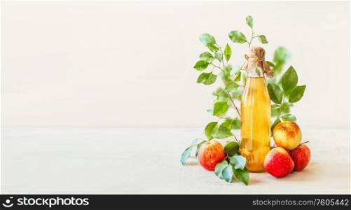 Banner with homemade apple cider vinegar in glass bottle standing on white table with red apples and green leaves at white wall background. Healthy fermented food. Apple preserving