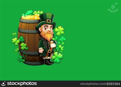 Banner with leprechaun holding a beer on a green background. Generative AI