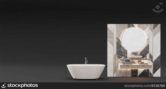 Banner with modern bathroom furniture, sanitary ware and copy space for your advertisement text or logo. Furniture, sanitary ware store, interior details. Sale. Bathroom interior project. 3d render. Banner with modern bathroom furniture, sanitary ware and copy space for your advertisement text or logo. Furniture, sanitary ware store, interior details. Sale. Bathroom interior project. 3d rendering