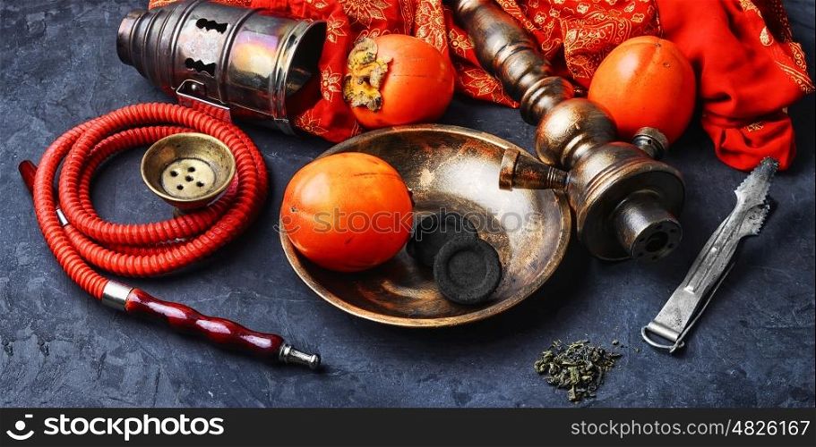 banner with shisha. Smoking hookah with the tobacco flavor with the taste of ripe persimmons