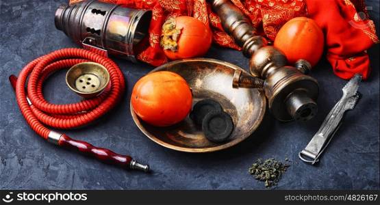 banner with shisha. Smoking hookah with the tobacco flavor with the taste of ripe persimmons