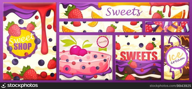 Banner with the inscription shop with sweets, vector illustration. Dessert with cream and fruit. Vanilla and chocolate ice cream. Ice cream flyer lettering. Fresh berries on a cake, cartoon. Banner with the inscription shop with sweets