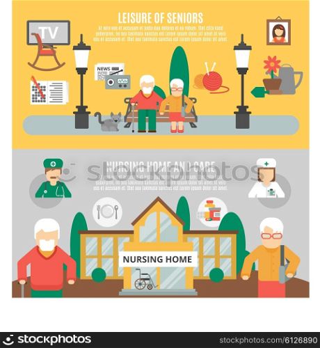 Banners Set Of Seniors. Horizontal flat banners presenting leisure of seniors and nursing home and care vector illustration