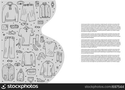 Banners template with men apparel and accessories set in doodle style. Collection of male clothes, shoes isolated on white background. Vector illustration.
