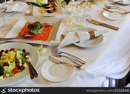 Banquet table setting for wedding dinner