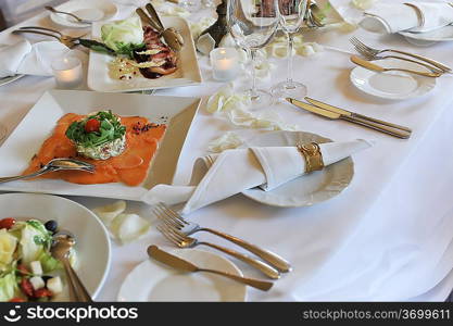 Banquet table setting for wedding dinner