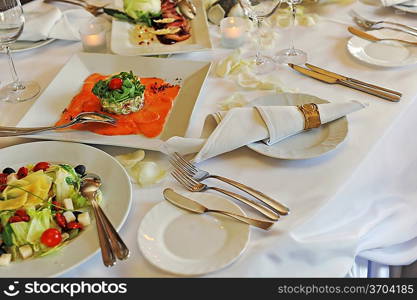 Banquet table setting for wedding dinner