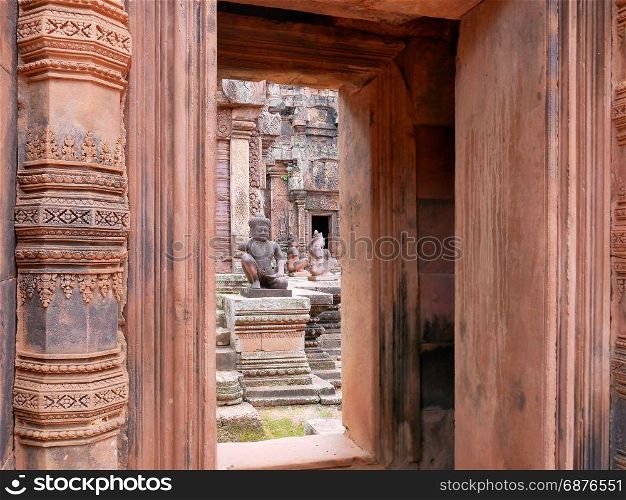 Banteay Sreii sculptures, Cambodian temple dedicated to the Hindu god Shiva, Siem Reap, Cambodia.