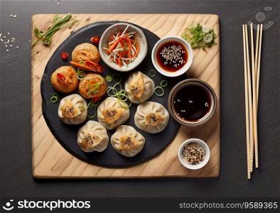 Baozi asian food plate with chopsticks on table with sauces and herbs.AI Generative
