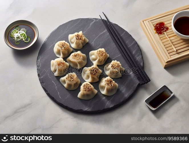 Baozi chinese meal with chopsticks with sauce on marble table.AI Generative