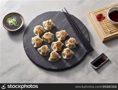Baozi chinese meal with chopsticks with sauce on marble table.AI Generative