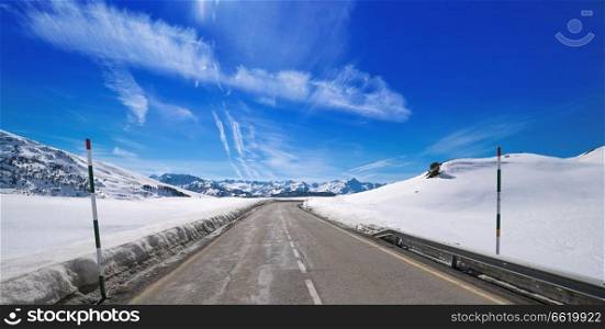 Baqueira Beret road in Lerida Catalonia ski  resort in Aran Valley of Pyrenees Spain