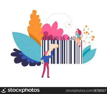 Bar code of product and person with scanner vector. Shopping item with code, decoding by reading qr lines on object with laser device. Retail and commerce business, foliage and leaves decoration. Bar code of product and person with scanner vector