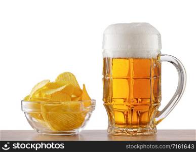 Bar counter with a glass of beer and a plate of chips isolated on white background. Bar counter with glass of beer and plate of chips