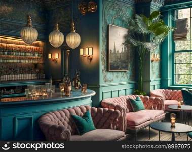 Bar counter with chairs.Modern classic style.  Image created with Generative AI technology