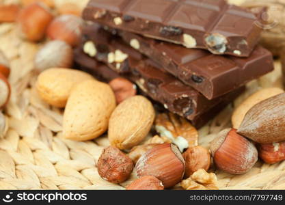 bar of chocolate and nuts on a wicker mat