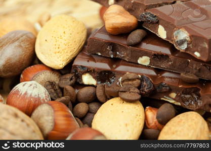 bar of chocolate and nuts on a wicker mat