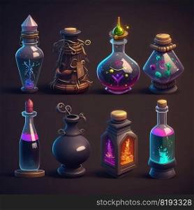 bar potion bottle video game ai generated. fantasy element, love app, alchemy magic bar potion bottle video game illustration. bar potion bottle video game ai generated