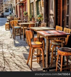 Bar tables and chairs are on the street. Generative AI