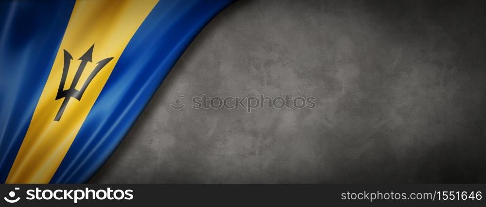 Barbados flag on concrete wall. Horizontal panoramic banner. 3D illustration. Barbados flag on concrete wall banner
