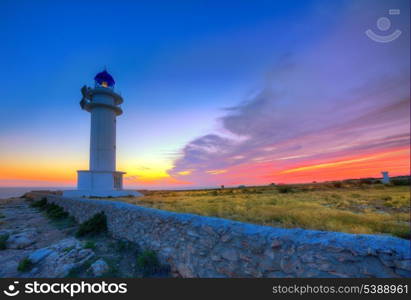 Barbaria Berberia Cape Lighthouse Formentera at sunset in Balearic Islands