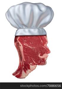 Barbecue chef food concept with a red meat steak shaped as a head wearing a cooking hat as a symbol of summer grilling at a back yard party or restaurant isolated on white.