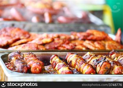 barbecue dinner skewers shish kebab and other meat on BBQ